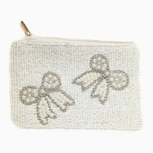 #95851 Trendy Fabulous WHITE BOWTIE Beaded Coin or Lipstick Purse Pouch Bag